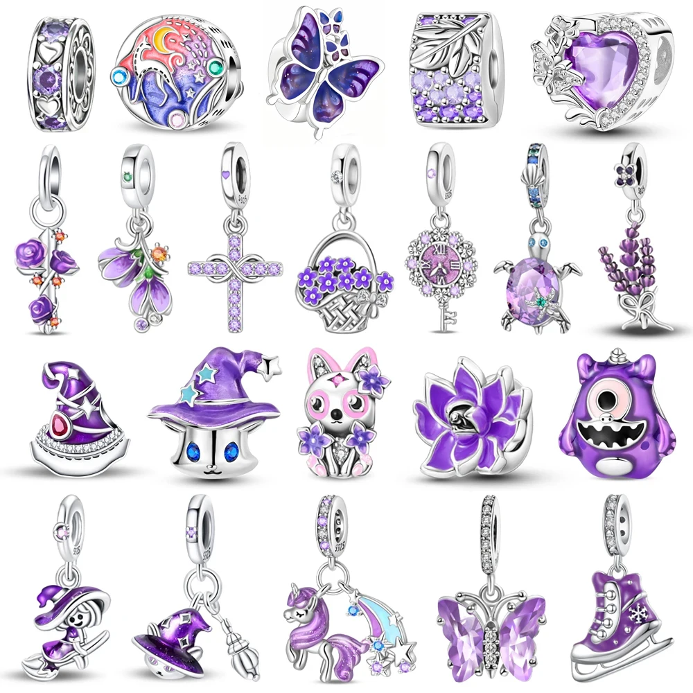 

925 Sterling Silver Inlaid Heart-Shaped Beads & Rose Dangle Charm Fit Snake Bracelet Boutique Necklace Purple Pendant Gift