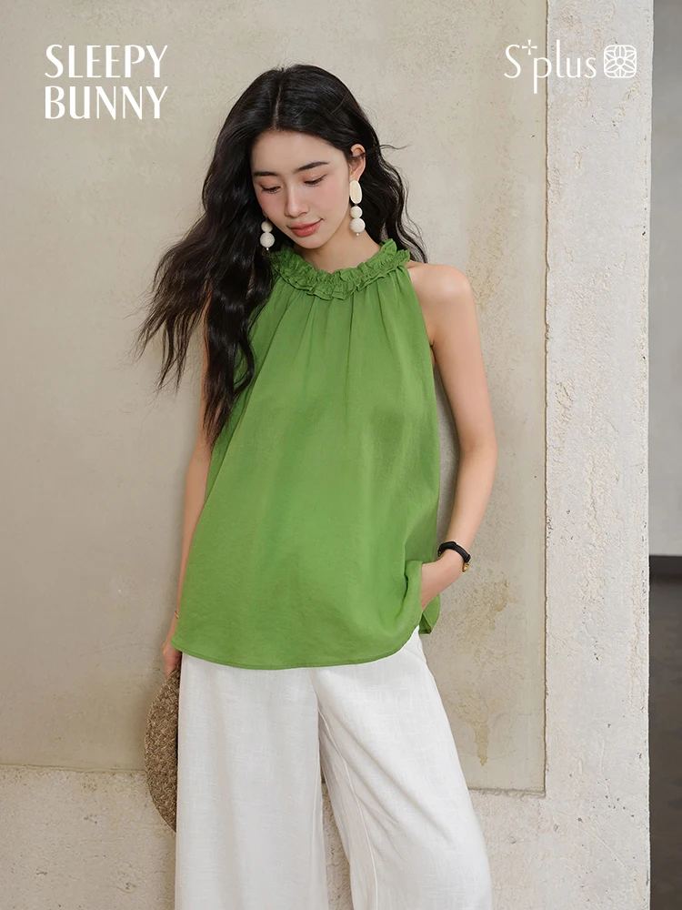 Green Halter Neck Tank Top Women Summer Loose Fit Sleeveless Blouse Lightweight Flowy Cami Vest Casual Chic Solid Color Petite