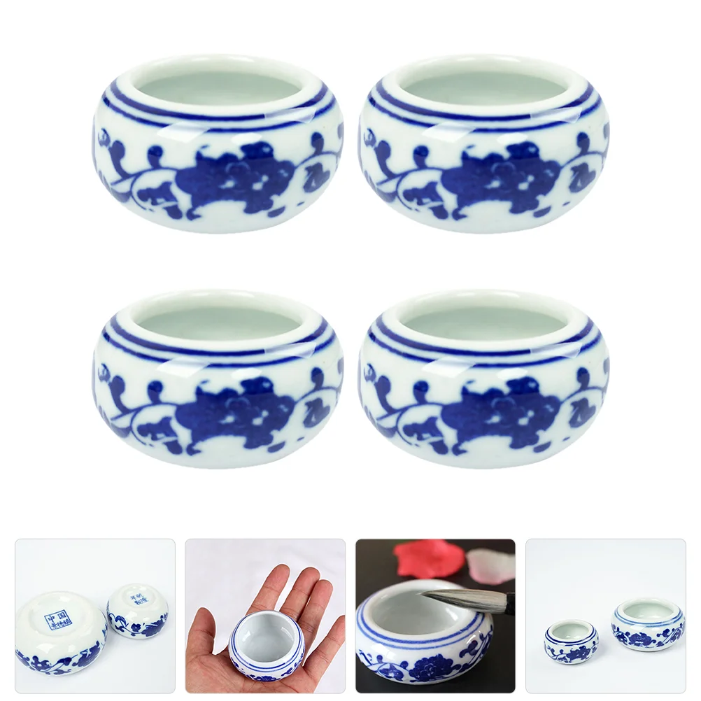 

4 Pcs Blue and White Porcelain Brush Washer Dip Pen Ink Tray Inkwell Dish Pens for Calligraphy Plate Chinese Ceramic