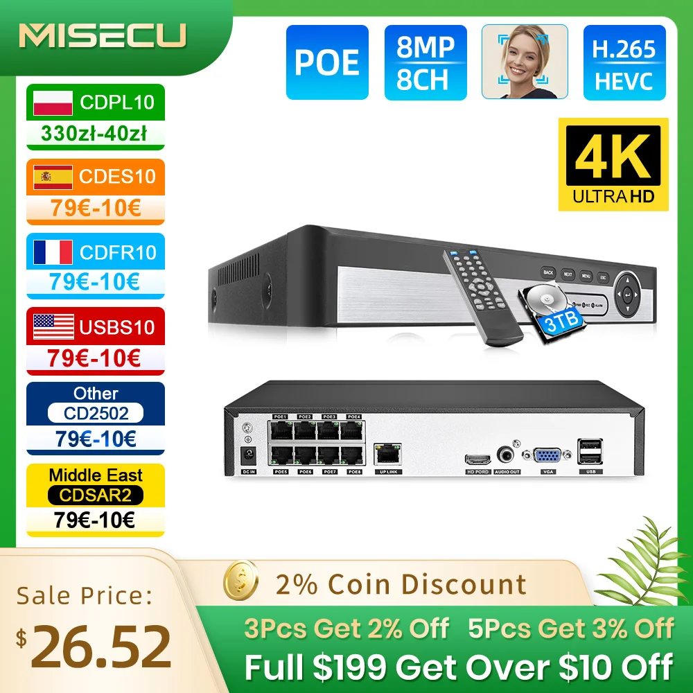 MISECU H.265 UHD 8CH 4K 5MP 8MP 1080P POE NVR háló arca Kielemez Két Mód Hang videó diktafon számára biztonsági POE Ip camer ONVIF