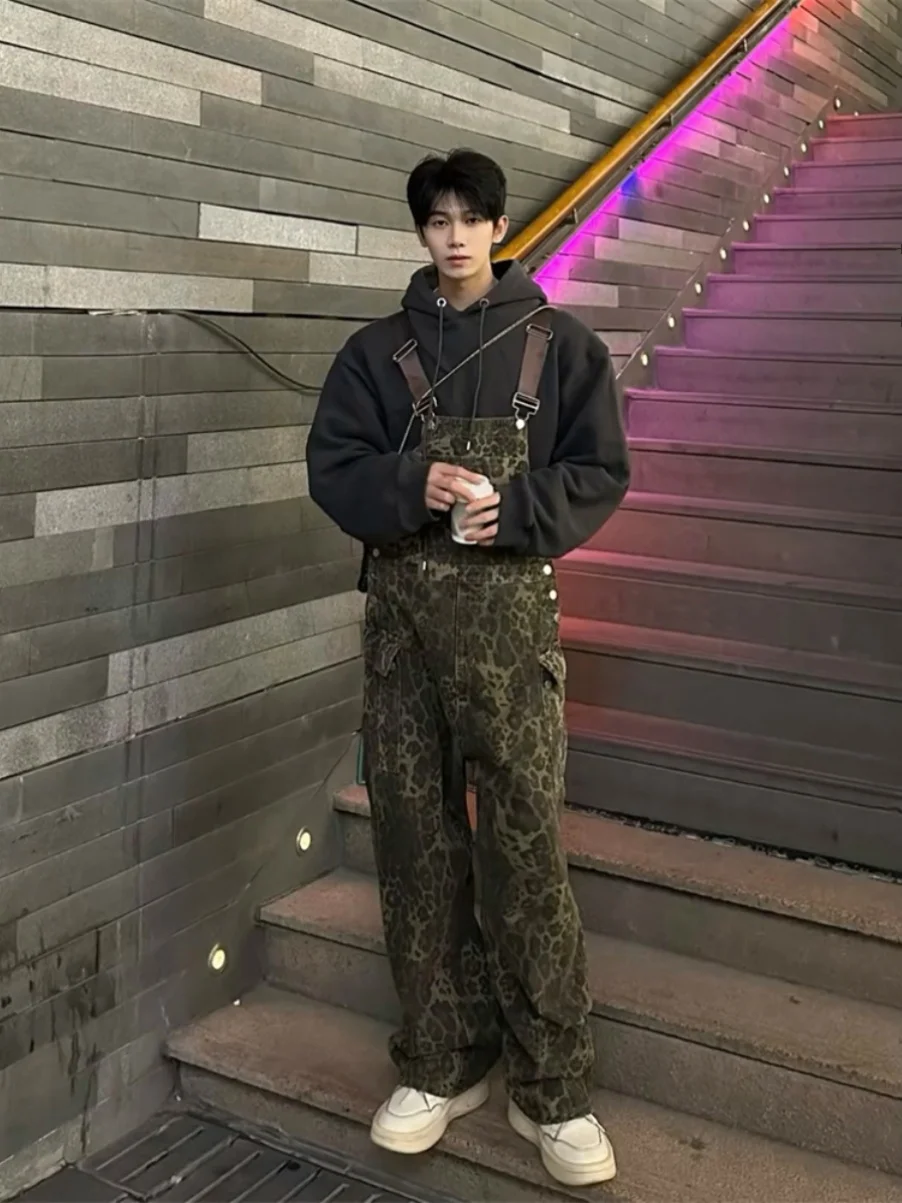 

Брюки свободного покроя в американском стиле ретро с бретелями, весенне-осенние брюки High Street с леопардовым принтом для подростков