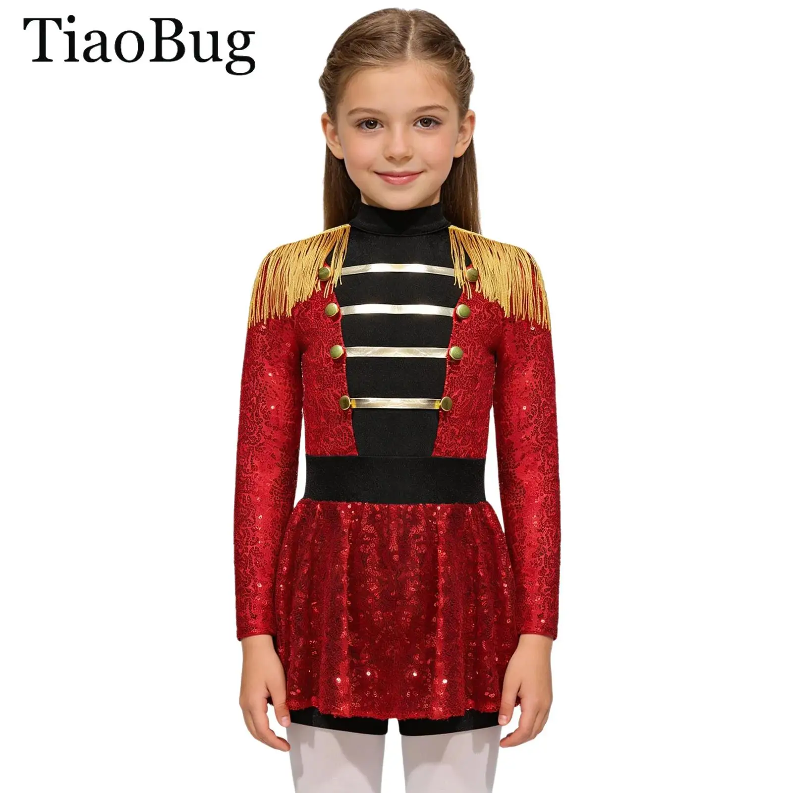 

Girls Halloween Circus Ringmaster Costume Long Sleeve Fringe Epaulet Leotard Bodysuit Magician Lion Tamer Ring Leader Uniforms