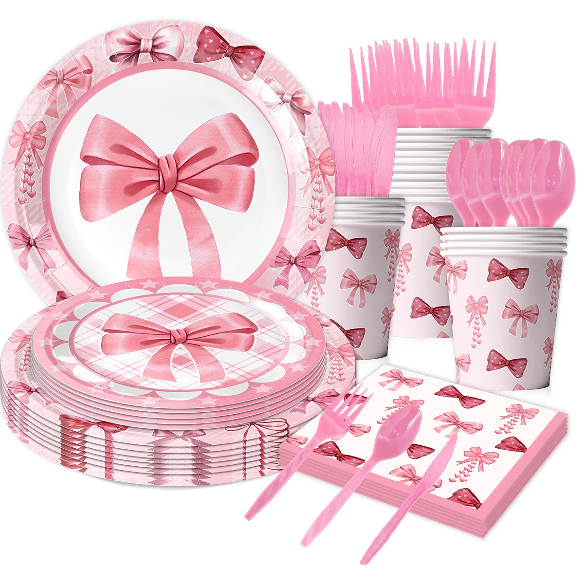 Pink Bow Tie Theme Birthday Decorations Party Disposable Tableware Paper Napkins Cups Plates Tablecloths Straw