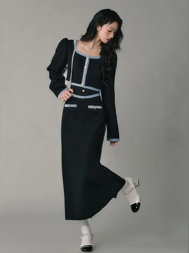 

French Minimalist Luxury Jacket with Color-blocking, High-waisted Skirt Suit, Maillard Two-piece Set