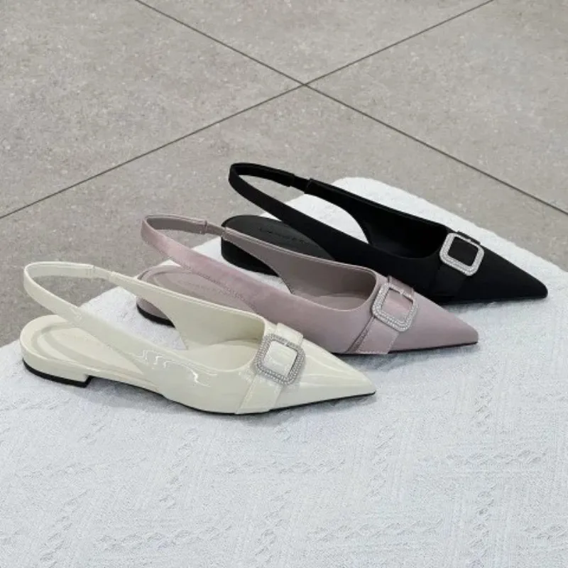 

Fashion Women's Sandals Comfortable Flat-bottomed Pointed Woman's Shoes Bright Diamond Square Buckle Rear Strap Bag Head Sandals