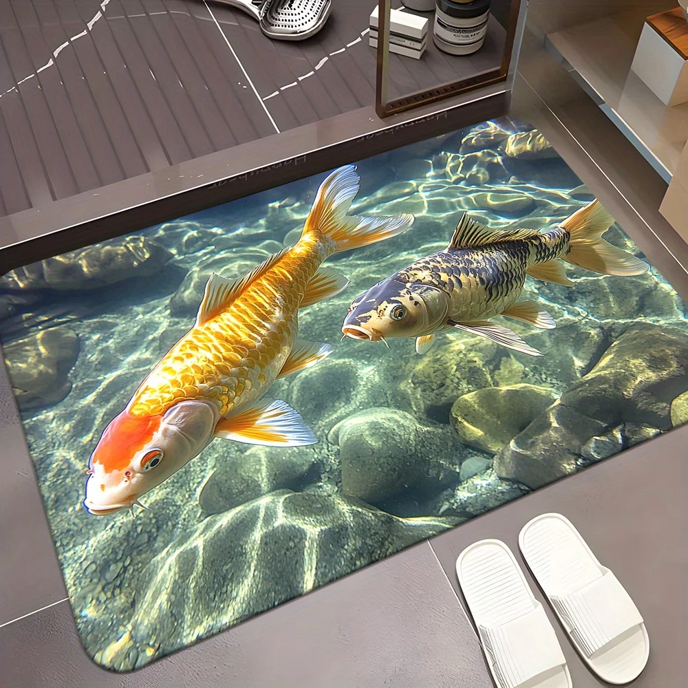 Ultra Realistic Tropical Koi Fish Underwater Doormat Mat for Entryway Decor Home Bathroom Kitchen Waterproof Aquatic Theme Rug M