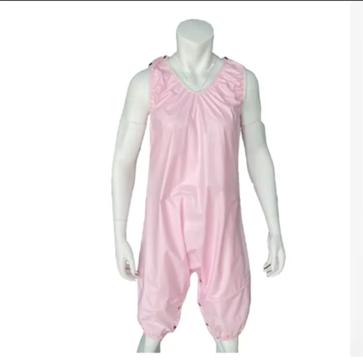 

French Sexy Adult Customized Fetishist Crossdresser Sissy Pink PVC Sleeveless Wide Shoulder Strap Pants Short Bodysuit