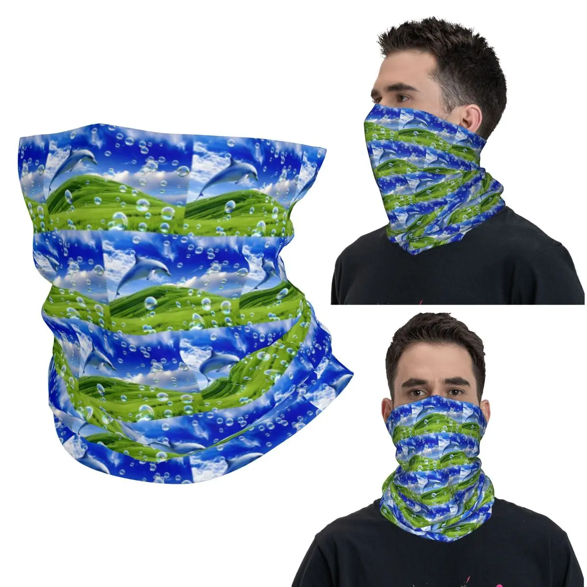 

Frutiger Aero Dolphin Y2k Aesthetic Meadow With Bubbles And Mountains And Sky Bandana Neck Gaiter Printed Wrap Scarf Headband