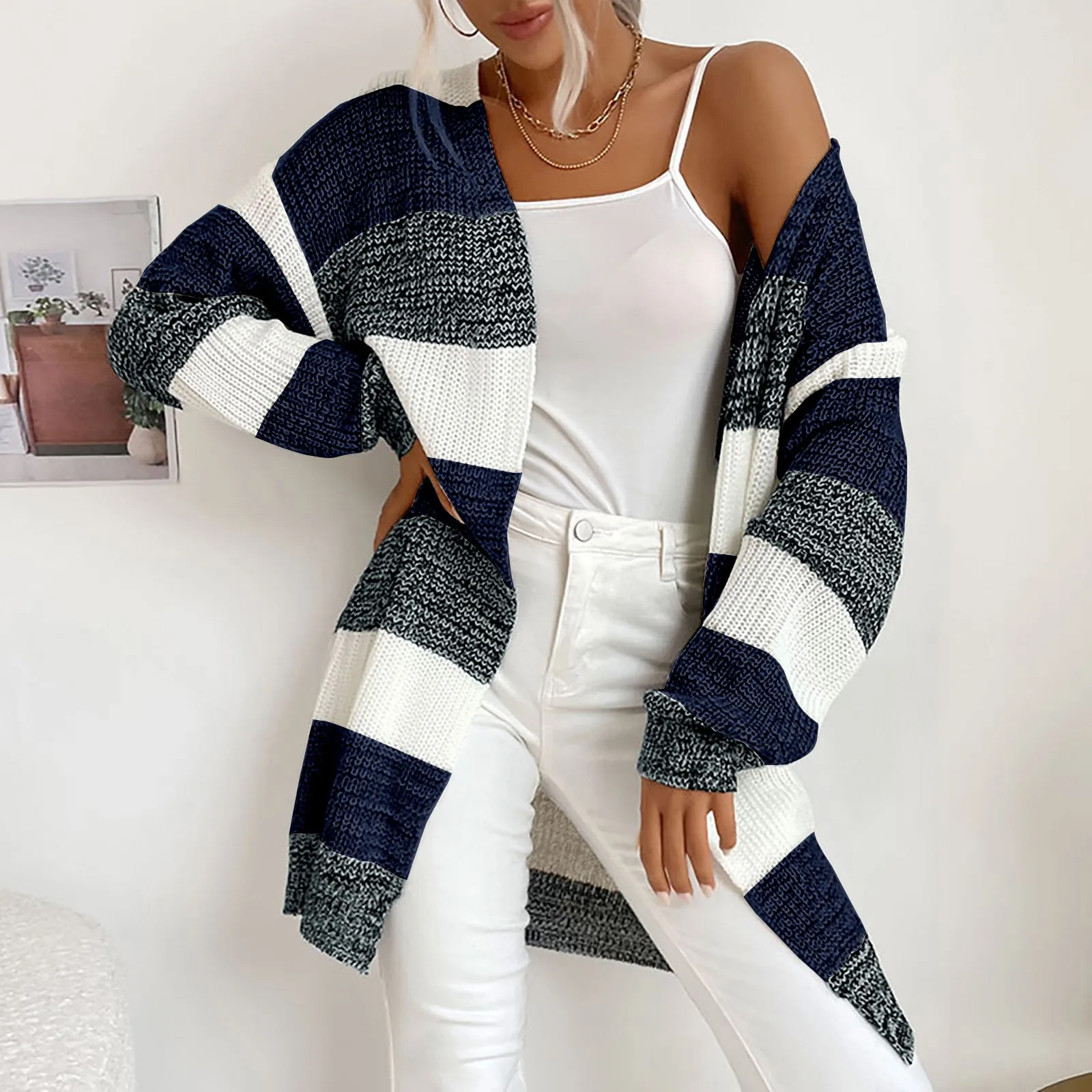 Women'S Autumn Mid Length Knitted Sweater Cardigan Striped Color Blocked Elastic Long Sleeved Casual Jacket For Daily Life