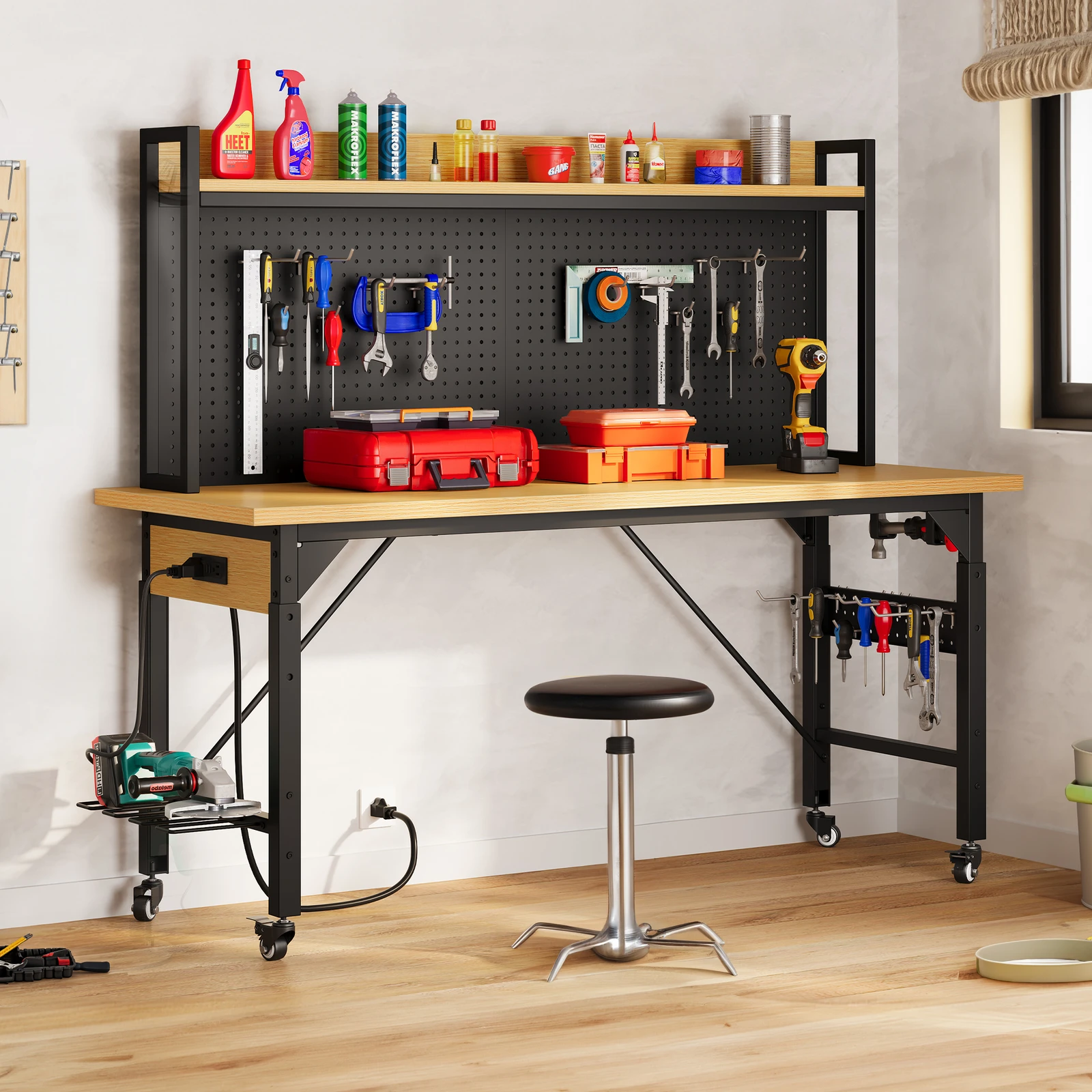 59" L Heavy-Duty Adjustable Workbench with Pegboard & Power Outlets Work Bench