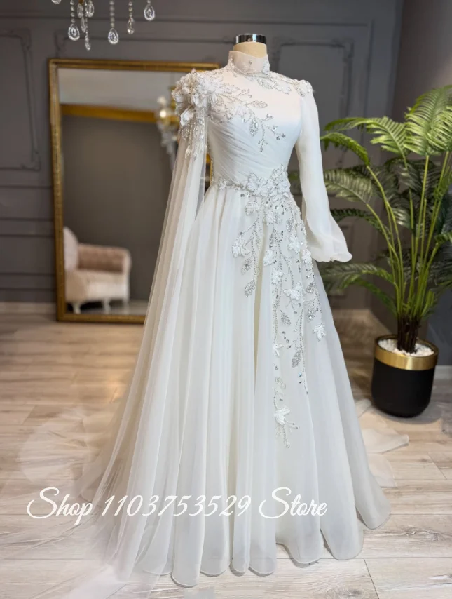 Customised Long Sleeve Floral Embroidered Muslim Wedding Dress 3D Floral Appliqué Embroidered Bridal Gown Islamic Evening Gown