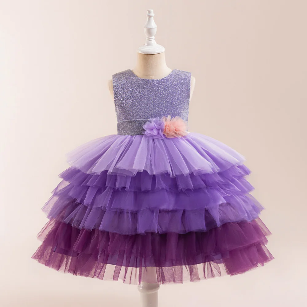 Purple Gradient Girls Party Dress Fluffy Mesh Flower Birthday Wedding Prom Princess Dresses for Kids Bridemaid Evening Clothing