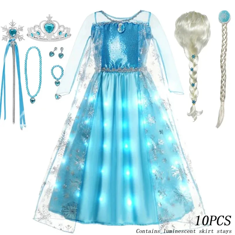 Frozen Elsa princess dress LED light up dress for kids glowing cosplay snow queen Elsa costumes Carnival party girl dresses