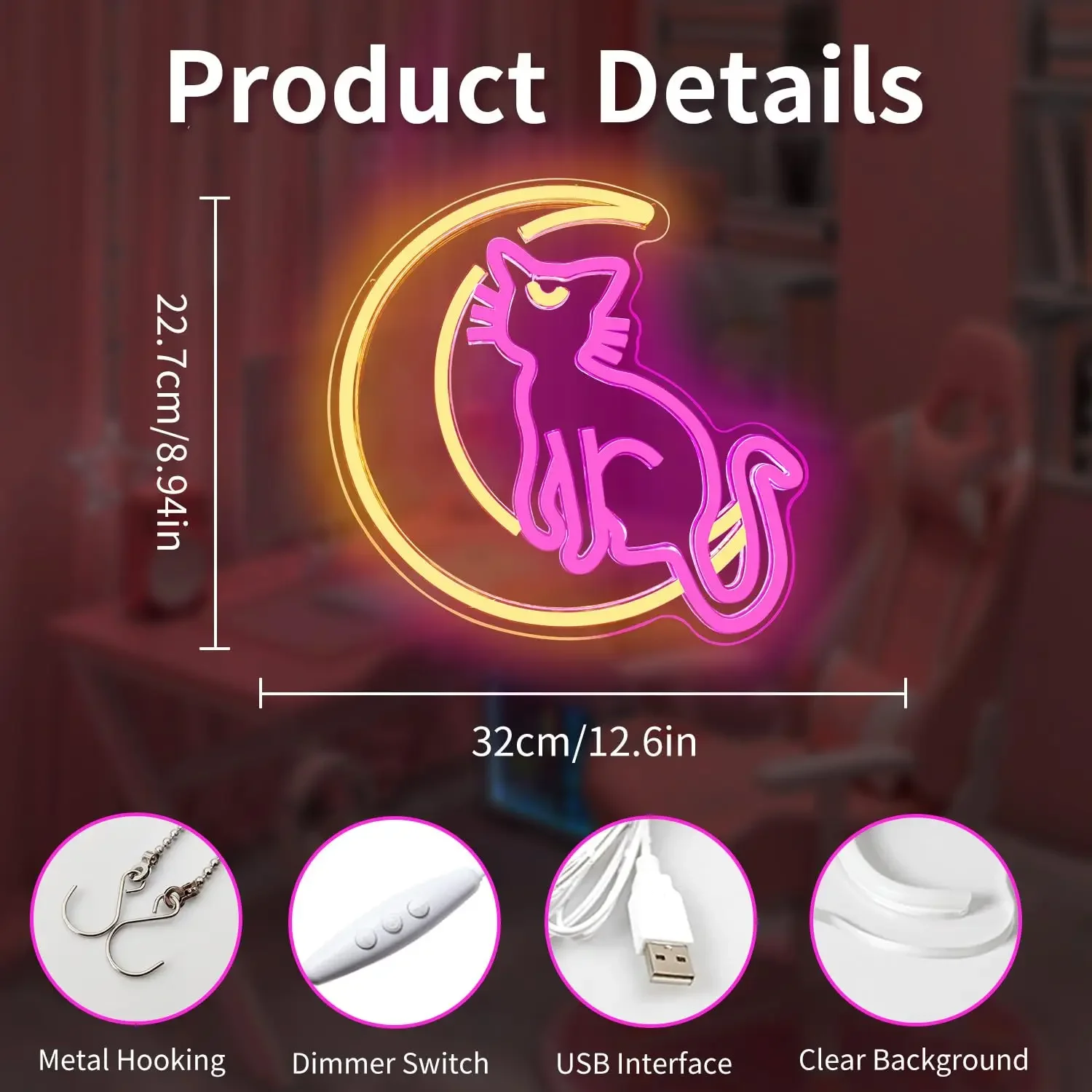 Anime Cat Neon Signs, Dimmable Cartoon Luna Neon Lights, Moon Cat Neon Light Sign, Cute Led Signs for Bedroom Wall for Girls