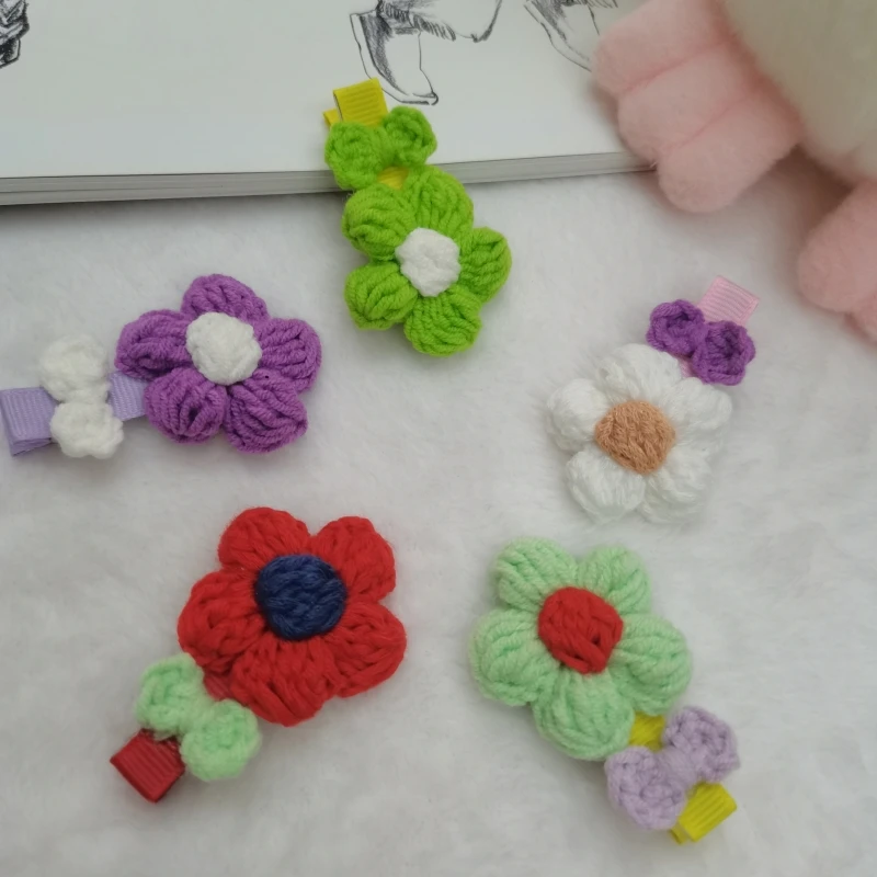 

4/10pcs Flower Hairpins Cute Baby Girls Wool Knitting Headwear Handmade Crochet Small Puff Safe Hair Clip Kids Hair Accessories