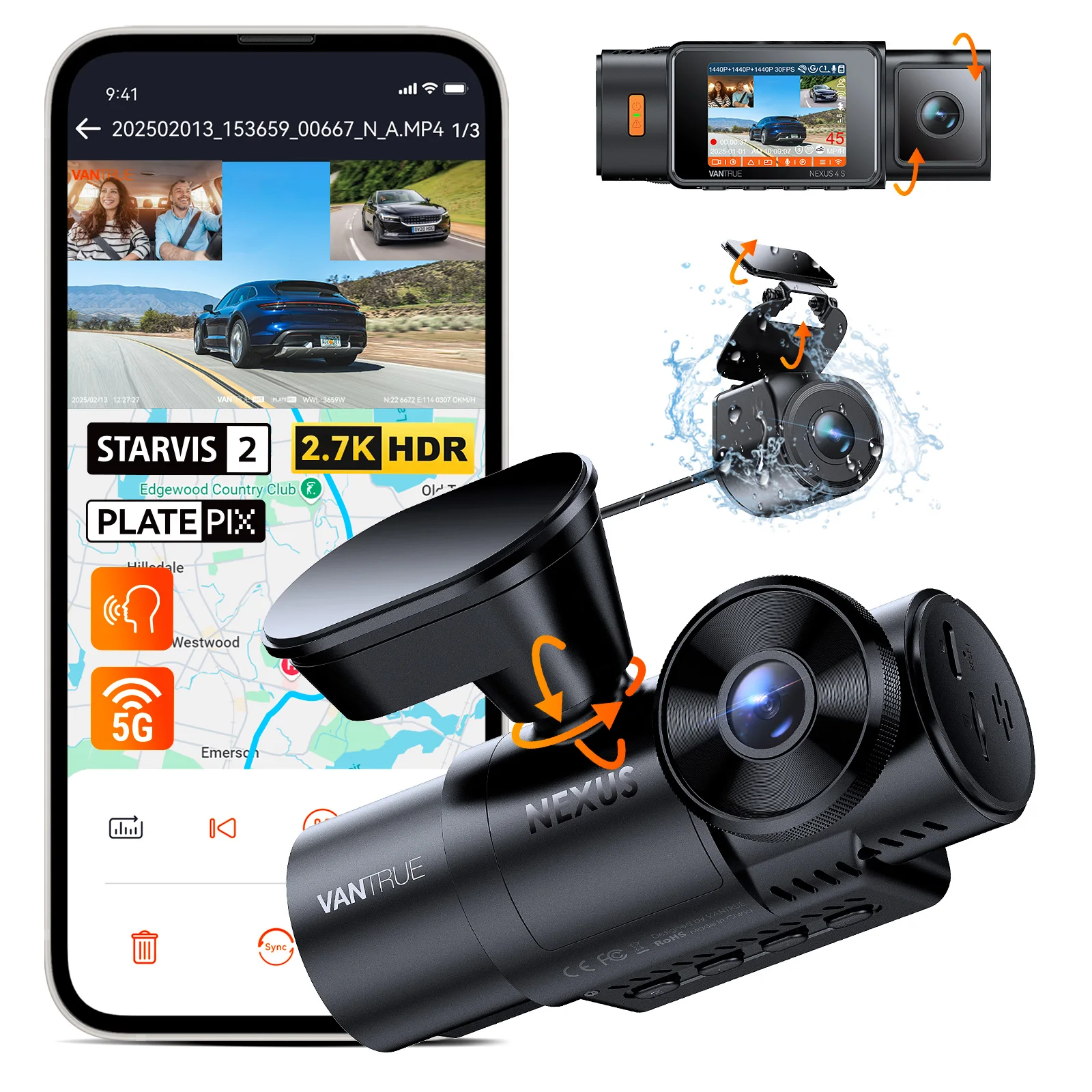 Vantrue N4S 3채널 WiFi 블랙박스 STARVIS 2 플레이트픽스 ™ 2.7K IP67 방수 후면 카메라 HDR IR 야간 투시 GPS 포장 모드