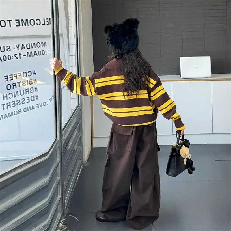 Autumn Girl's Clothing Sets Striped Lapel Sweater+ Coffee Colored Workwear High Waisted Work Pants European and American Style