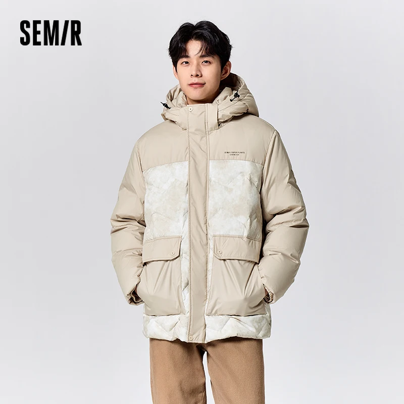 Semir Down Jacket Men Mid-Length Loose Hooded Winter Outdoor Workwear Style Printed Coat