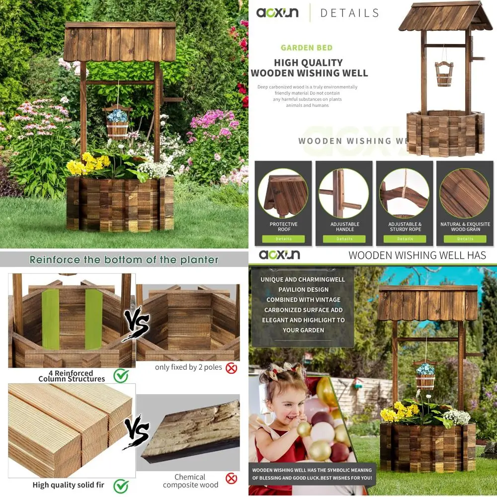 

Upgraded Wooden Wishing Well Planters, Hanging Bucket Garden Helper, Rustic Outdoor Yard and Patio Decor, Enhanced Garden Decora