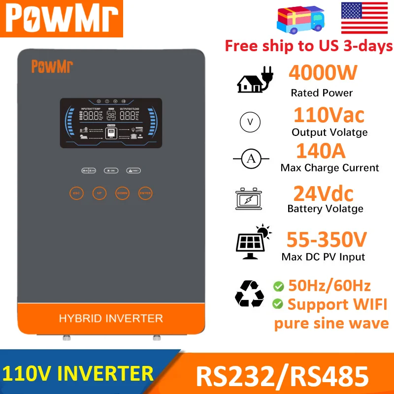 

Инвертор PowMr 4000 Вт с чистой синусоидой, 24 В постоянного тока в 110 В переменного тока, контроллер заряда солнечных батарей MPPT 140 А, ИБП 110 А, макс. входное напряжение фотоэлектрических модулей 350 В постоянного тока, для гибридных инверторов