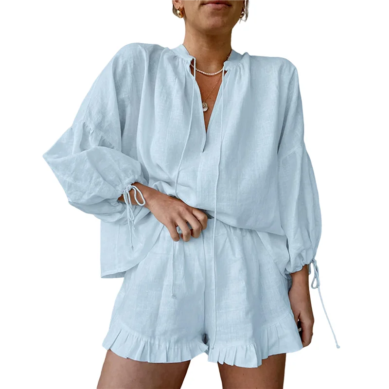 

【D75C】Комплект женских шорт, состоящий из двух частей, топ с длинными рукавами и шорты-боксеры с рюшами, подходящий повседневный комплект