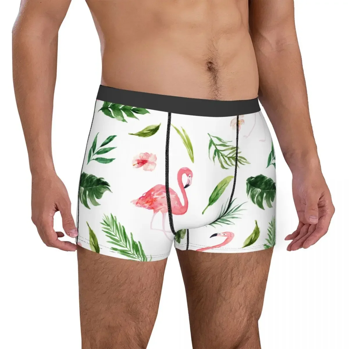 Ropa interior de flamencos tropicales para hombre, calzoncillos divertidos, Bóxer, bragas transpirables, hojas de palma, acuarela