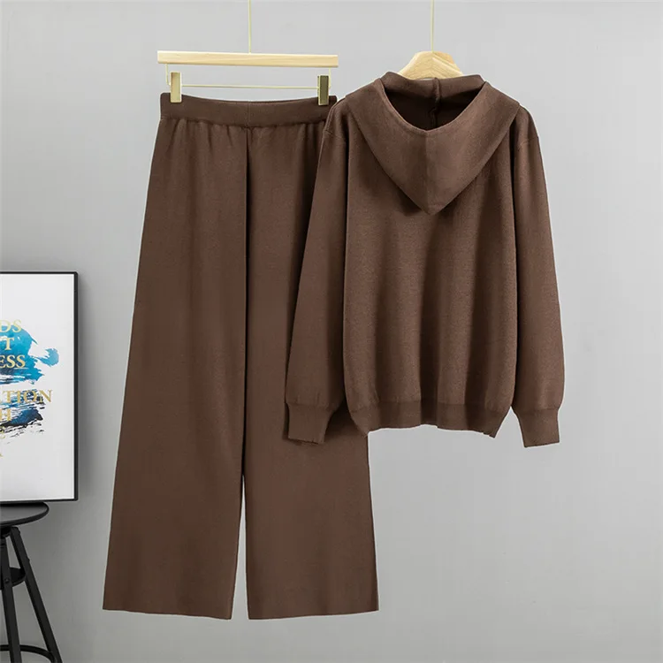 Europese en Amerikaanse zigeunersterren Hot Diamond Fashion herfst winter nieuwe gebreide pak met capuchon dames wijde broek tweedelige set