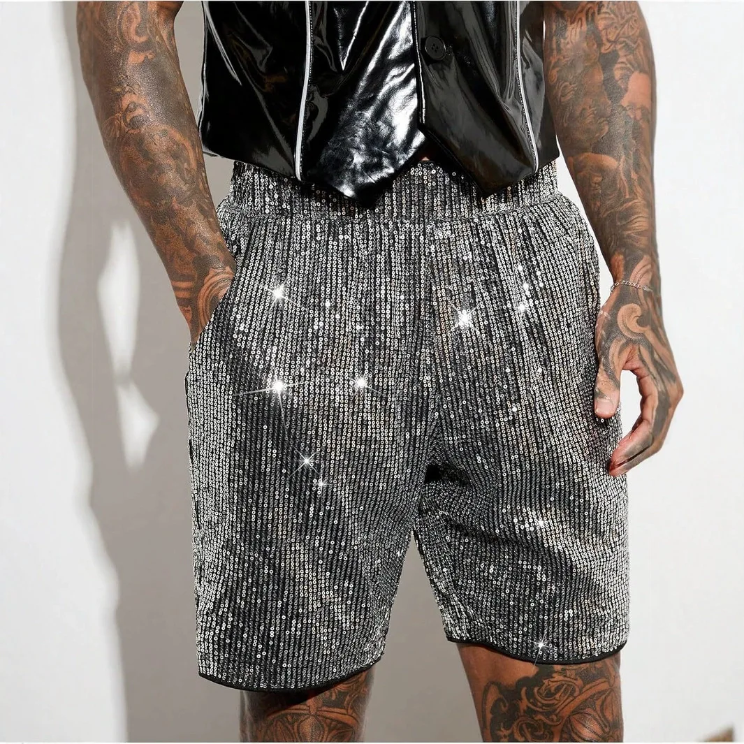 

Мужские прямые шорты с блестящими пайетками и эластичной резинкой на талии, повседневные шорты для ночного клуба, вечеринки, певицы, серебряные блестящие шорты на пять четвертей