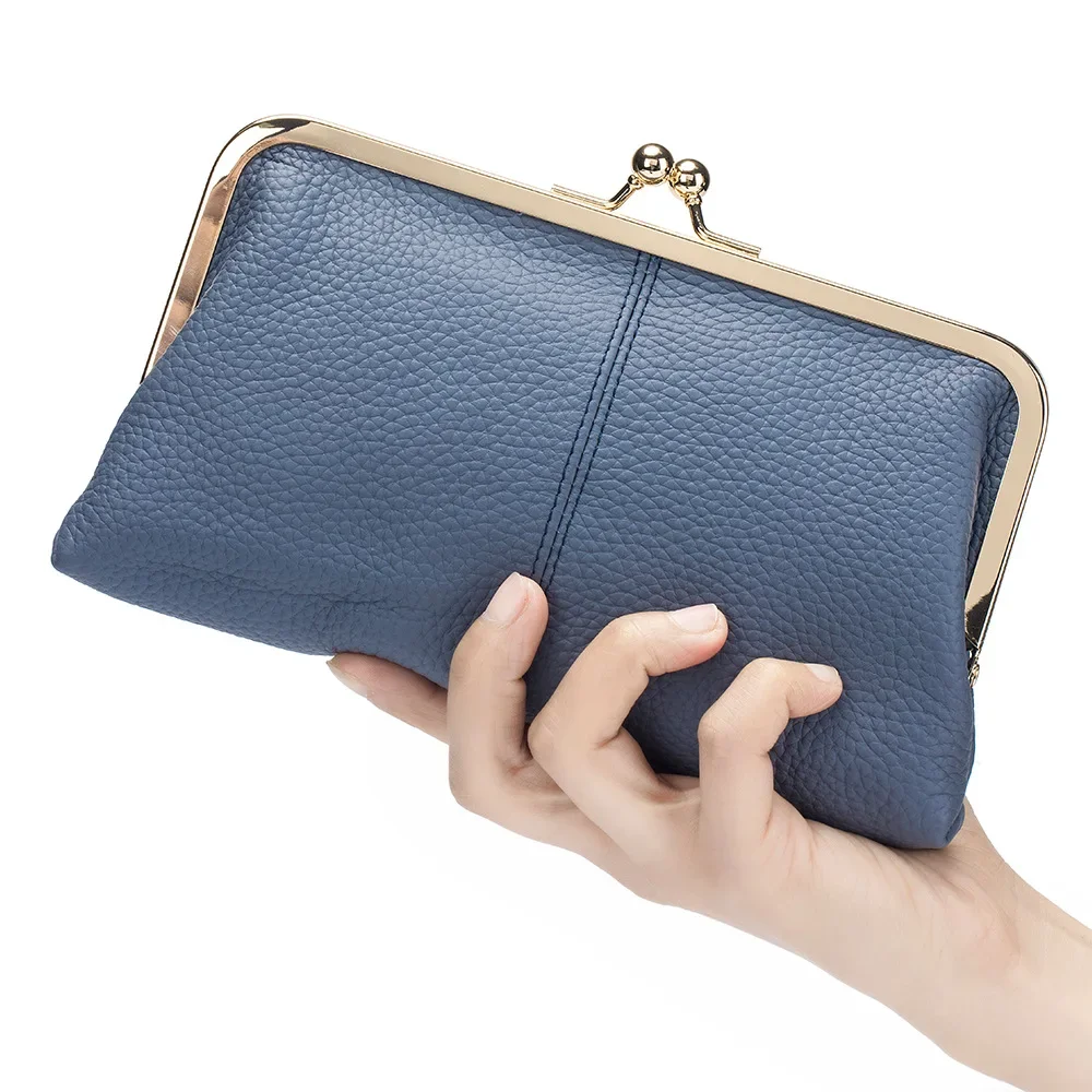 

Vintage Genuine Leather Clutch Purses for Women Small Evening Bag with Kiss Lock Closure Metal Frame Long Large Clutch Wallet