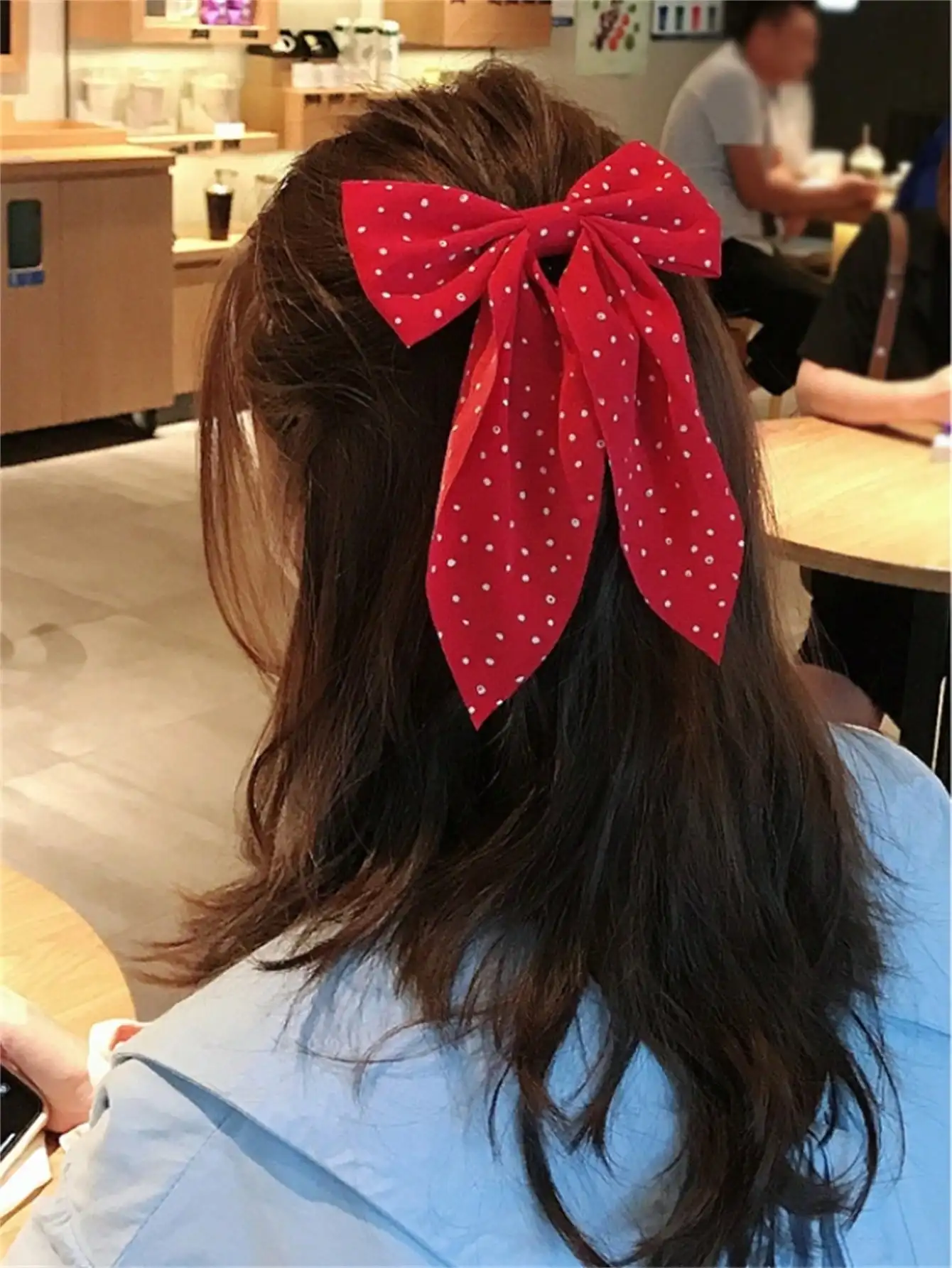 6 women\'s spring new Polka dot fabric simple large bow back hair streamer clip Duck clip jk hair clip hair accessories