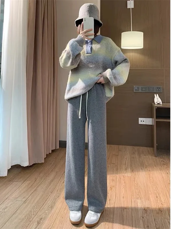 ワイドレッグパンツ イレギュラー レディース 秋 ダブルデッキ レギュラーフィット グランジ コーデュロイ裏地 チェック柄 ニット バンド付き チェック柄 レディース ジャカード