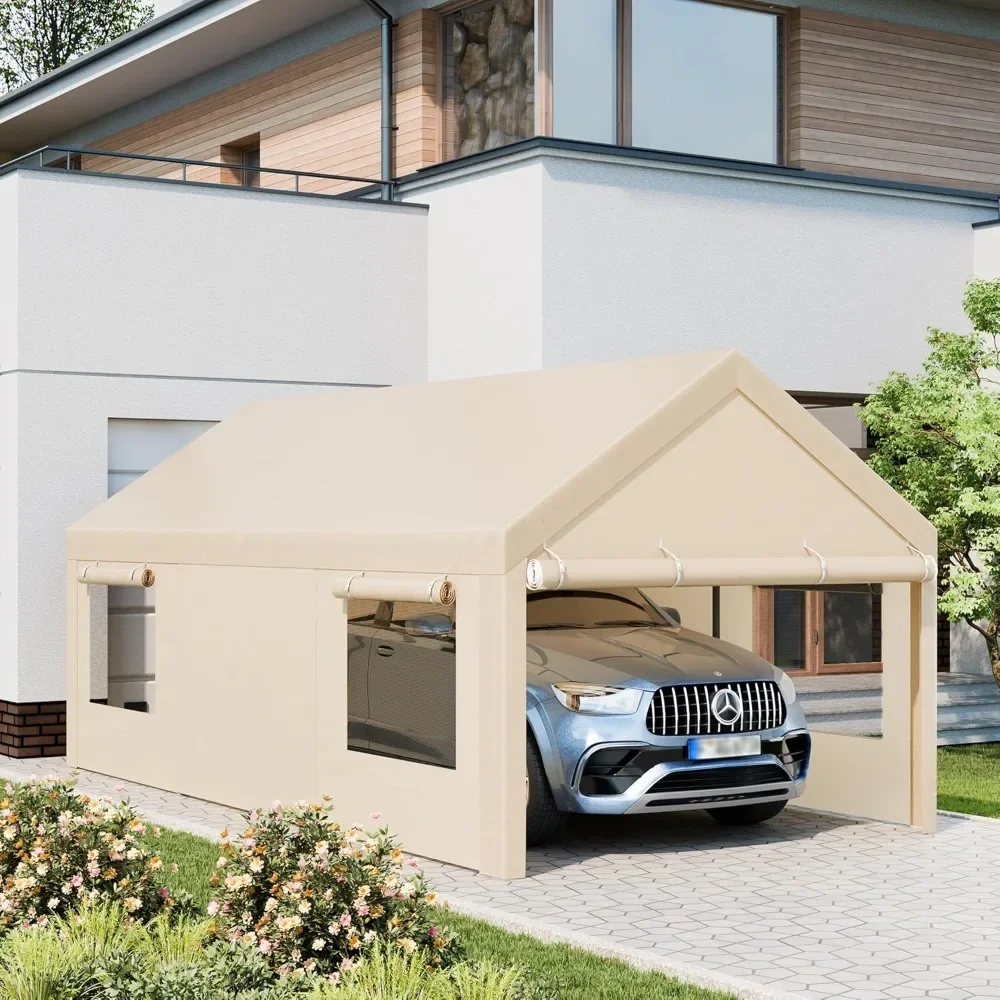 

12x20 Ft Heavy-duty Carport with Roller Blinds, Removable Side Walls and Doors, and A Portable Garage Roof.
