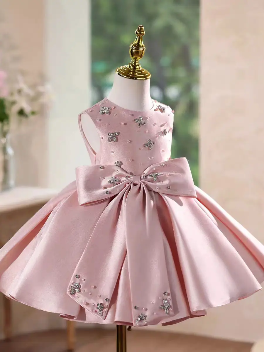 Dreamy Vow D140 Rosa elegante raso fiore ragazze vestono lunghezza al ginocchio principessa bambini festival matrimonio compleanno festa abito da ballo