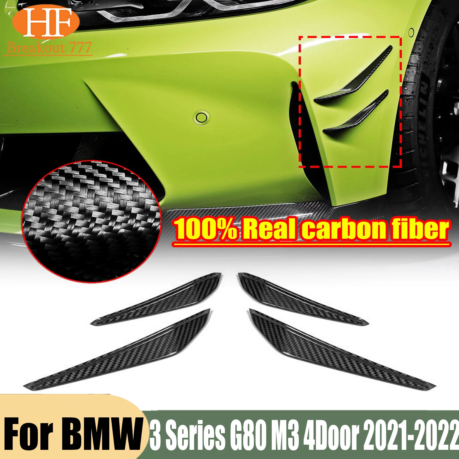 For BMW 3 Series G80 M3 4Door 2021-2022 DRY Carbon Front Bumper Fins Canard Splitters
