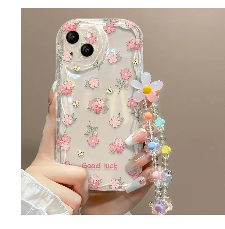 Etui ze smyczą Flower Chain Strap do Samsung Galaxy A34 A55 A35 5G S24 Ultra S22 Plus A13 A54 A53 A52 Cover Soft Silicone Couqe