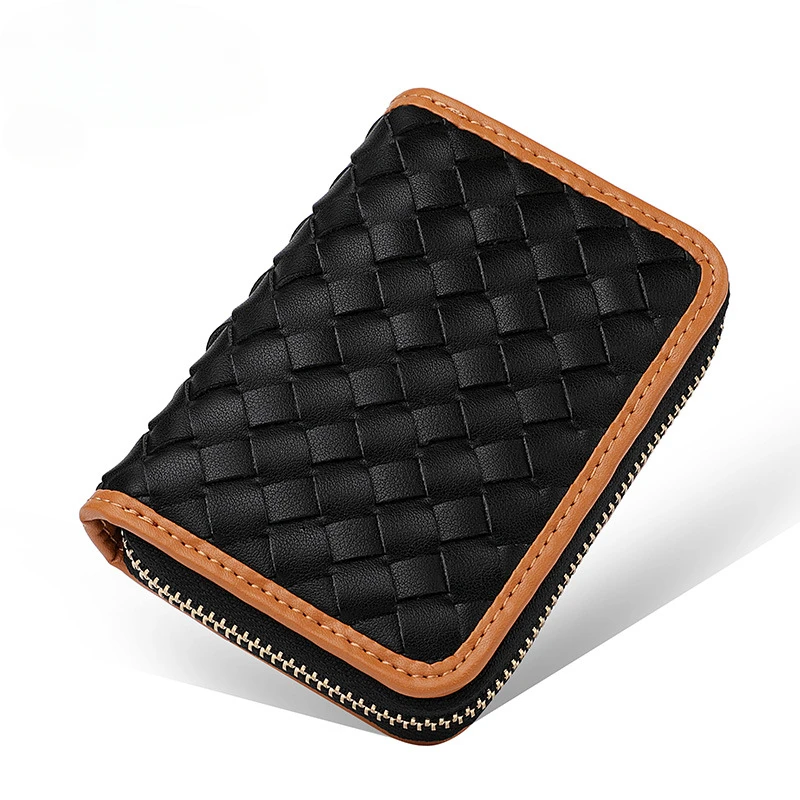 

Small Men Card Wallets PU Leather ID Credit Card Holder Wallets Handmade Knitting Zipper Short Coin Pocket Male Purse Change Bag