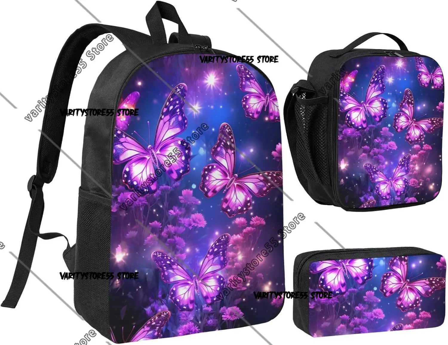 3PCS Purple Cute Butterfly Print Backpack Set with Insulated Lunch Box Pencil Pouch  Bags Shoulder Lunch Bag and Pencil
