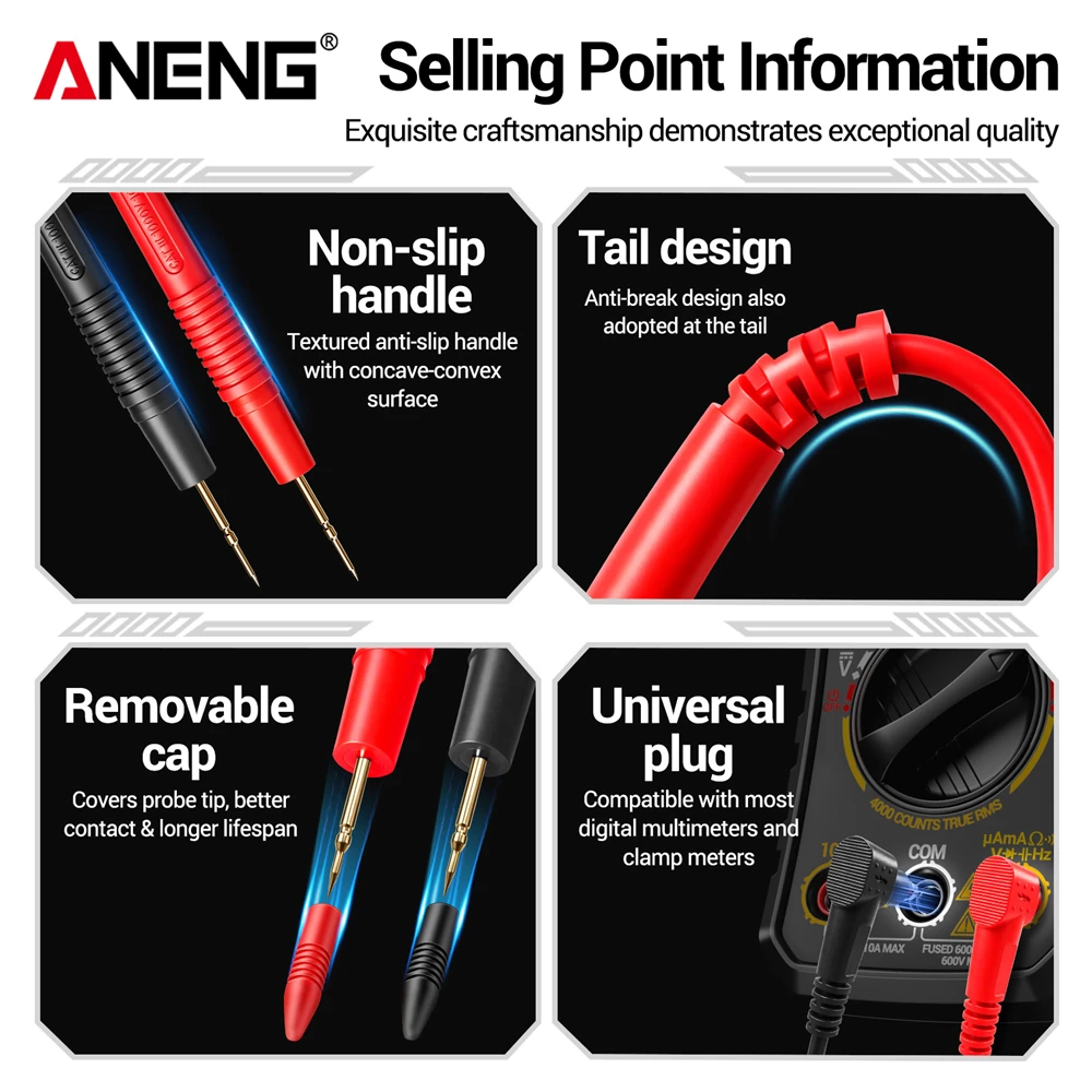 ANENG Digital Multimeter Probe Test Leads 1000V 10A Universal Needle Tip Multi Meter Tester Lead Probe Wire Pen Cable PT1002