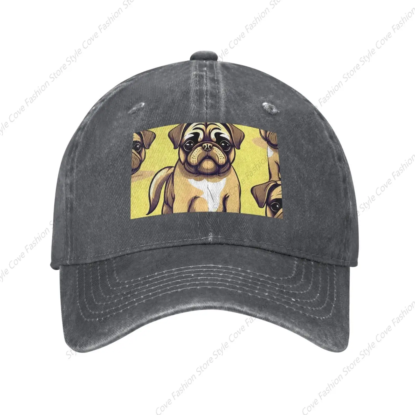 Boné de beisebol lavado para homens e mulheres, algodão puro, desenhos animados engraçados, pug, cachorro, estampa de cachorro, chapéu respirável, chapéu ao ar livre