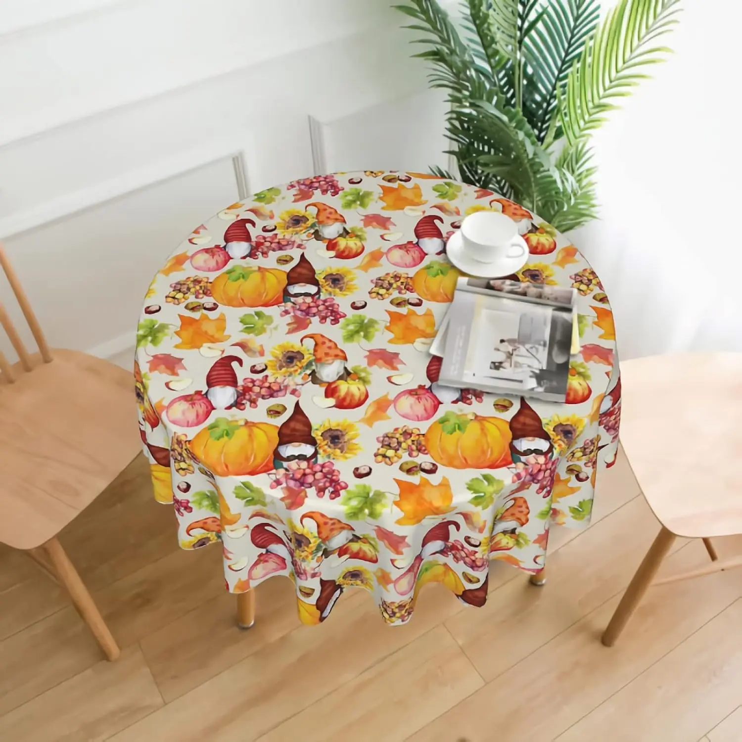 

Autumn Pumpkin Gnomes Tablecloth Round 60 In Thanksgiving Fall Leaves Sunflower Washable Wrinkle Stain-Resistant Table Cloth