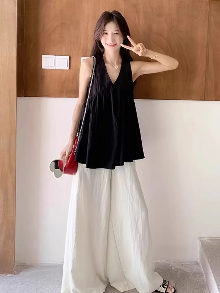 Loose V-Neck Black Sports Tank Top Women Summer Outdoor Wear Sleeveless Age-Defying INS Little Fragrance Style Casual Fashion