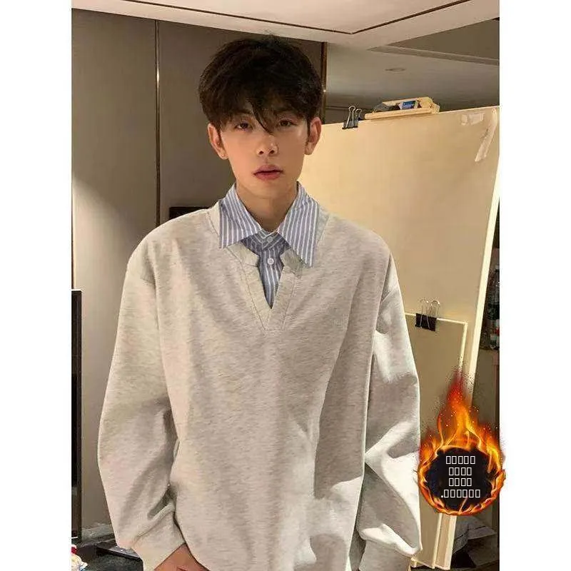 

Men's Loose Fit Thermal Hoodie Fake Two-Piece Sle Casual Long Sve Sweatirt Faionable College Trend Spring Autumn Winter