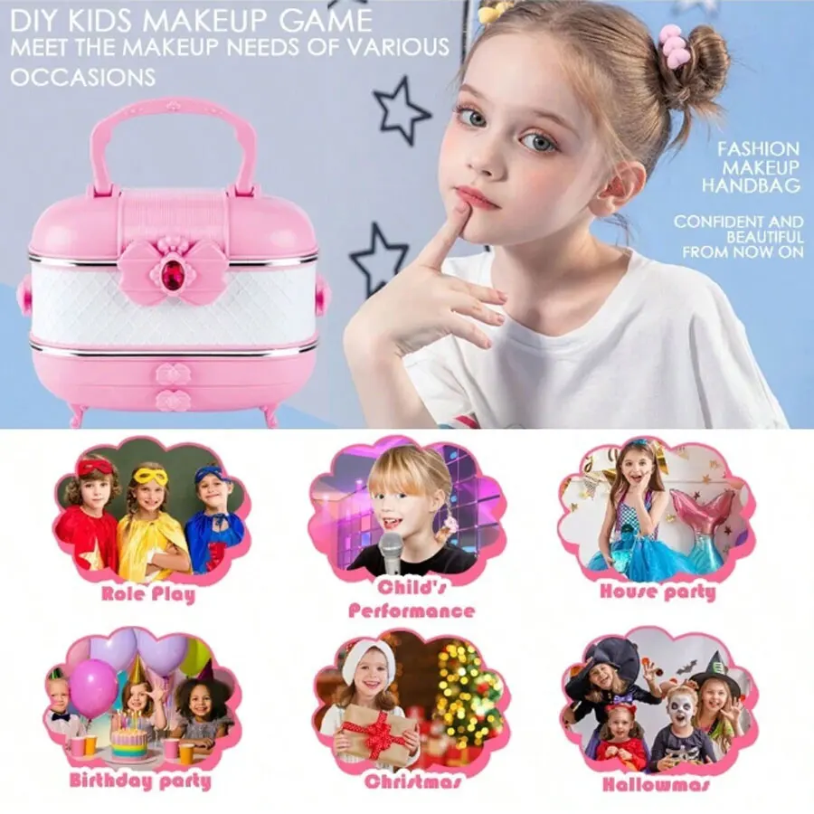 Kids Makeup Kit for Girls, Washable Non-Toxic Real Cosmetic Toy Set with Eyeshadow Blush Lip Gloss Nail Polish Brushes, Makeup C
