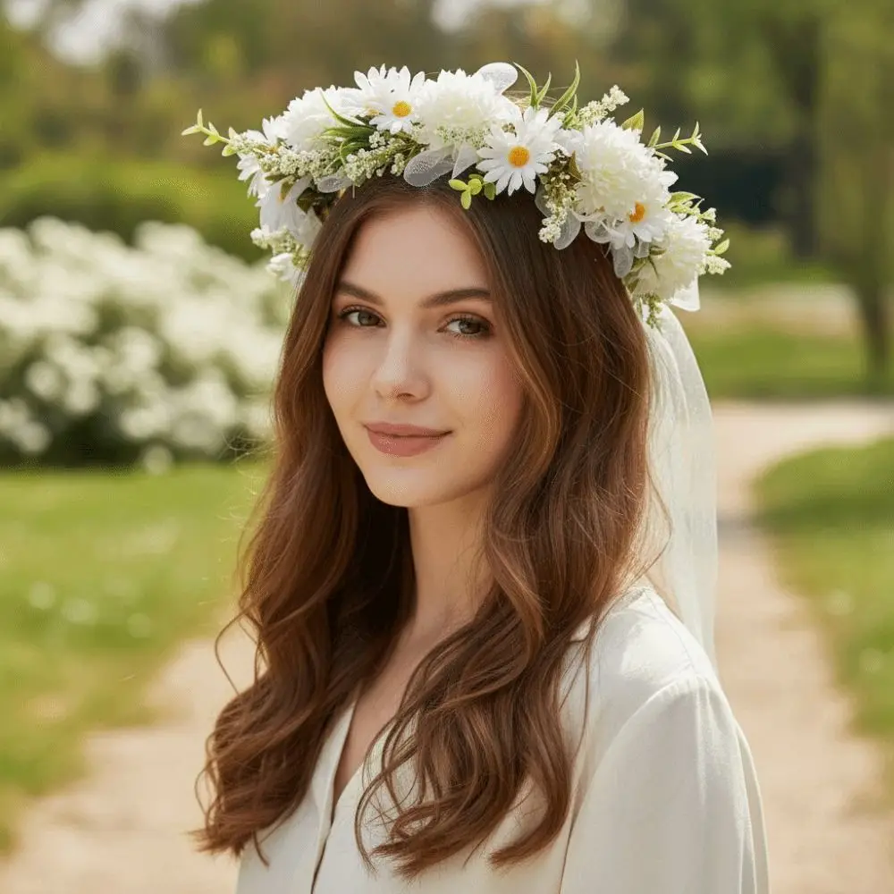 Serre-tête floral artificiel en plastique, style fée, avec perles, accessoire de coiffure pour mariée et douche nuptiale