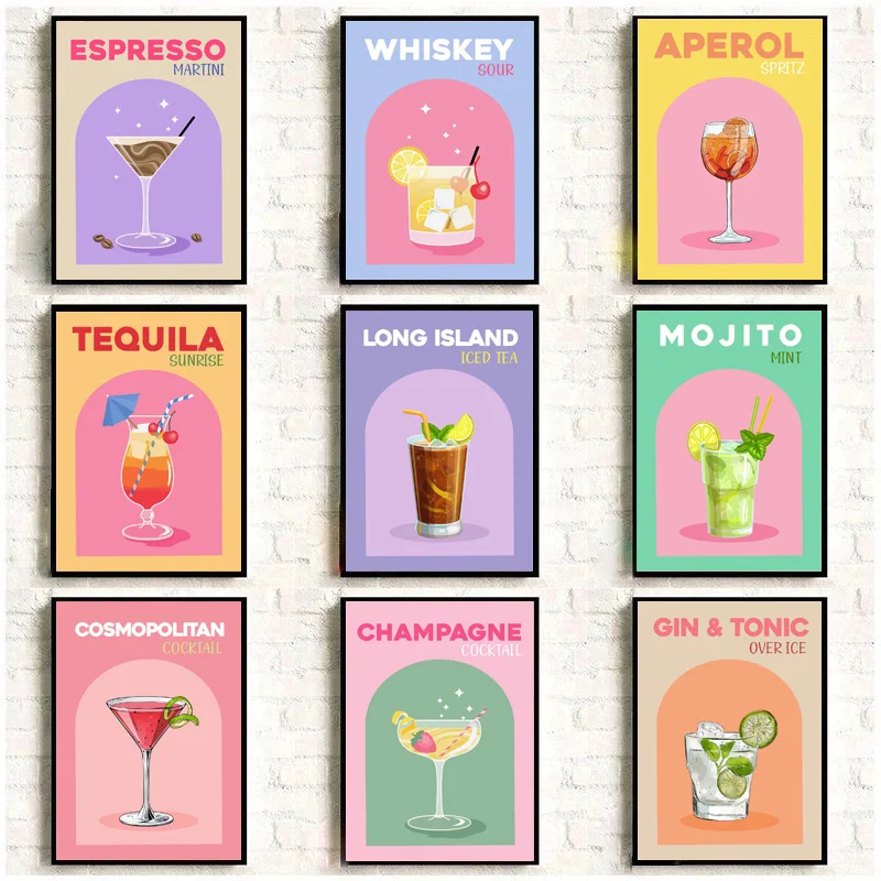 Vintage Cartoon Bar Mixes A Variety of Alcoholic Drinks Fruit Mojito Poster Canvas Painting Wall Art Pictures Home Decor