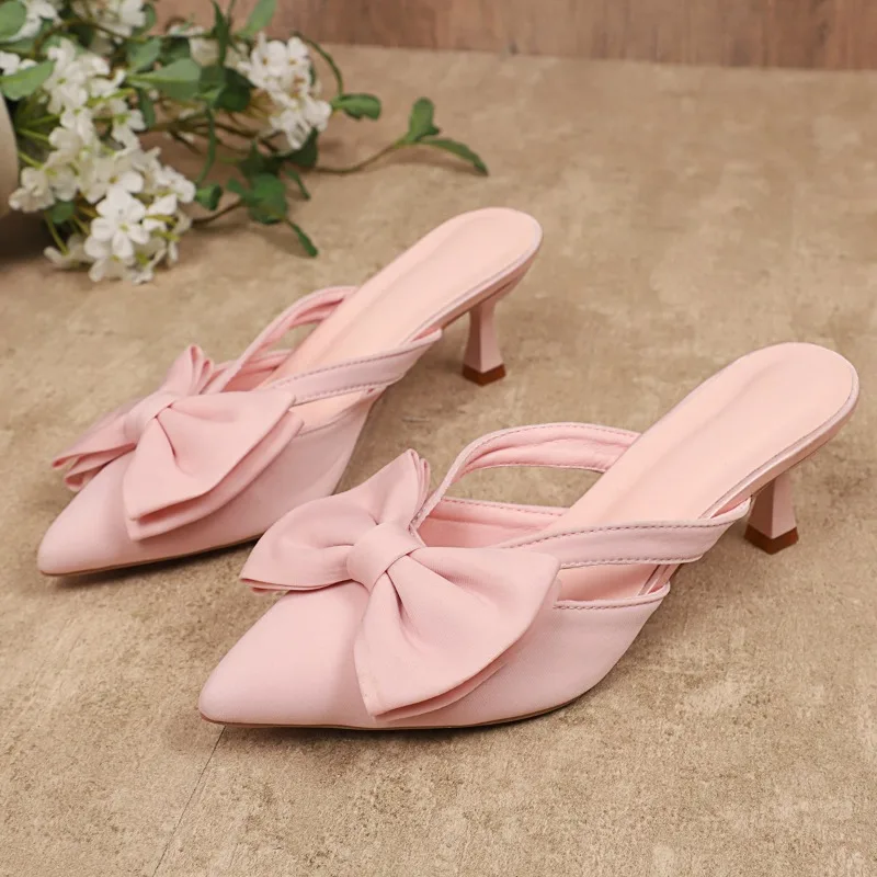 

Тапочки на каблуке с бантом, женские босоножки с острым носком, элегантные туфли-лодочки без каблука, лето 2021, вечерние туфли-лодочки, шлепанцы, платье Sandalias De Mujer