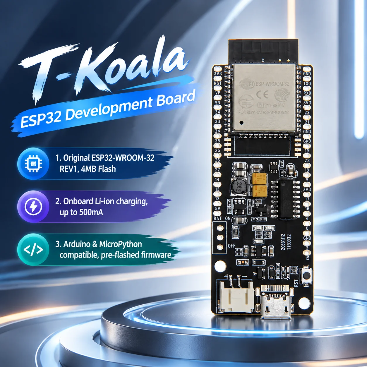 TTGO T-Koala ESP32 Dev Board, WiFi Bluetooth, ESP32-WROVER-E, 4MB Flash, 500mA Li-ion Charging, Arduino MicroPython