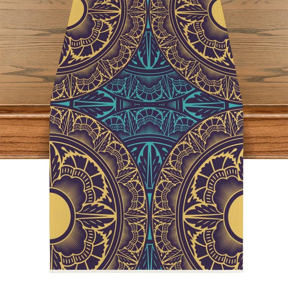 1 Stück Tischläufer mit Türkisblau und goldenem Mandala-Aufdruck – Esstischdekoration, Tischläufer mit Baum des Lebens