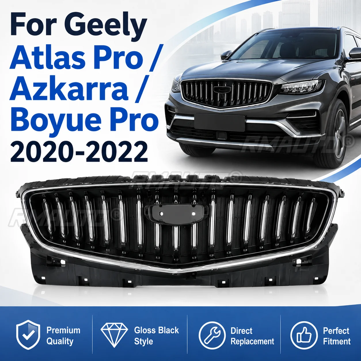 Front Grille Gloss Black Vertical Slat Radiator Grille For Geely Atlas Pro Azkarra Boyue Pro 2020-2022 Accessories