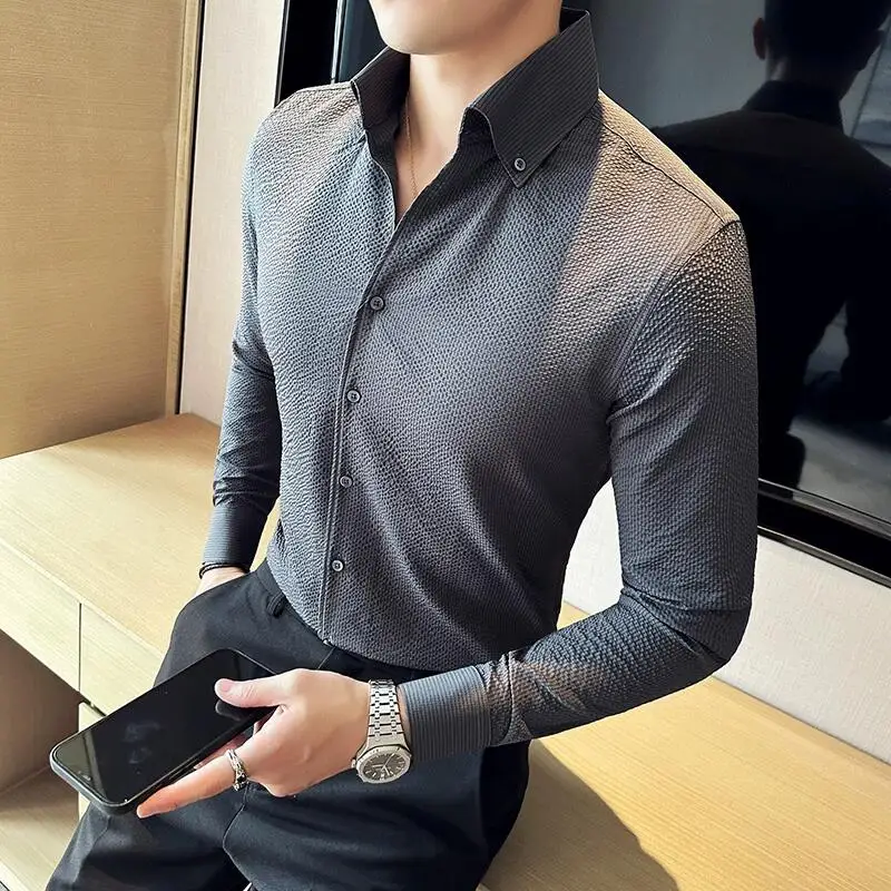 2024 Autumn New Waffle V Neck Shirt Men\'s Long Sleeve Standing Neck Slim Fit Business Formal Dress Shirt Social Tuxedo Shirt Top